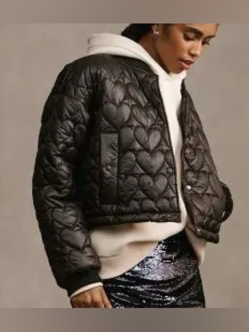 Maeve Quilted Heart Puffer Cropped Jacket - Black